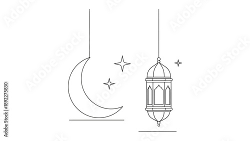 Lunar Lantern: A minimalist drawing depicts the serene beauty of the crescent moon and intricate lantern, evoking a sense of tranquility.