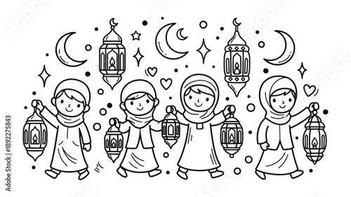 Celebrating the Holy Month: A delightful illustration showcases four children, joyfully carrying traditional lanterns, framed by crescent moons, stars, and radiant ornamental details.