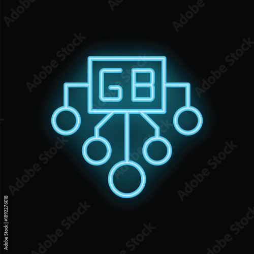 Neon blue glowing icon of the acronym gb representing gigabyte with smaller circles connected to it symbolizing data storage
