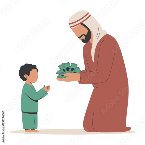 Generosity and Giving: A father figure bestows financial support upon his child, a poignant illustration of care and provision within a family structure.