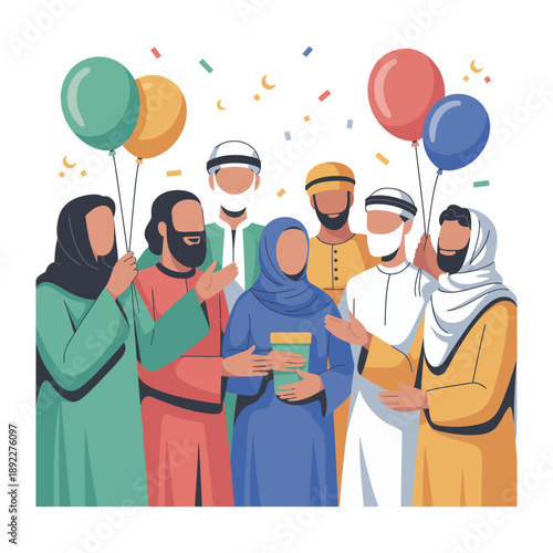 Festive Gathering: A diverse group of people of middle eastern descent, joyfully congregate, illuminated by colorful balloons, embracing celebration. 