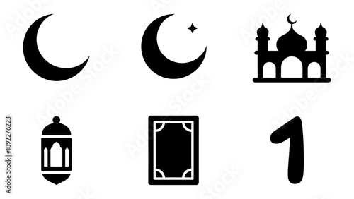 Islamic Symbol Set: Collection of symbolic icons representing Islamic culture including crescent moons, mosque, lantern, and prayer rug. Evoking a sense of faith, history and spiritual symbolism.