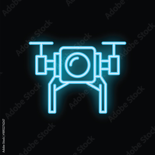 Blue neon sign representing a drone with a camera, suggesting aerial photography and videography