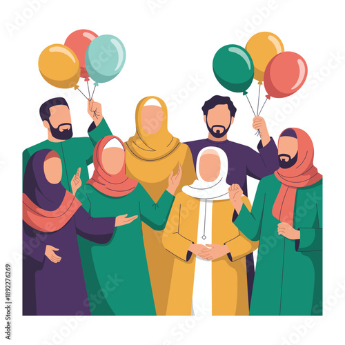 Family Gathering with Balloons: A group of individuals, connected by kinship, stands together with colorful balloons, suggesting a festive occasion and the joy of togetherness. 