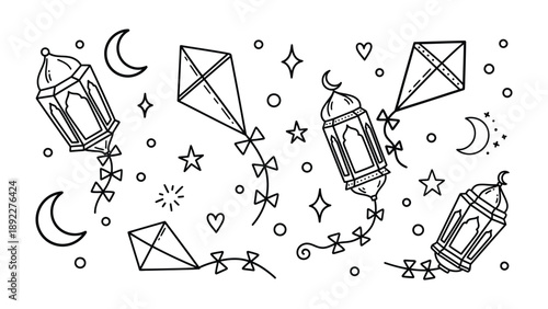 Whimsical Celebration: An artistic portrayal of decorative lanterns, kites, stars, moon, and hearts, ideal for adding a touch of elegance to any special event or creative project.