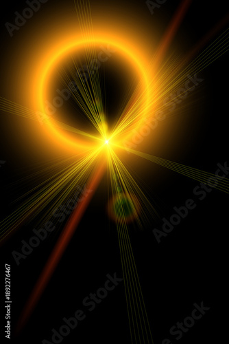 Abstract sun burst, digital flare, iridescent glare over black background.