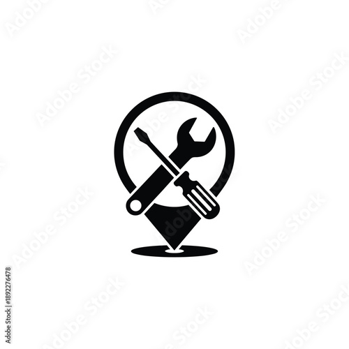 Black icon of screwdriver and wrench crossed in circle vector