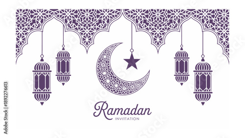 Ramadan Festive Decoration: A stylized Islamic design with crescent moon, star, and hanging lanterns, perfect for celebrations and observances during Ramadan.