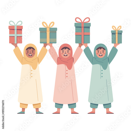 Gifts of Joy and Gratitude: A heartwarming scene depicting three individuals, each adorned in a traditional head covering, happily presenting beautifully wrapped presents.