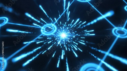 Abstract blue digital network with central light burst