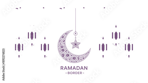 Ramadan Border: A serene and festive illustration depicts the essence of Ramadan, showcasing a crescent moon adorned with intricate patterns, suspended alongside traditional lanterns.