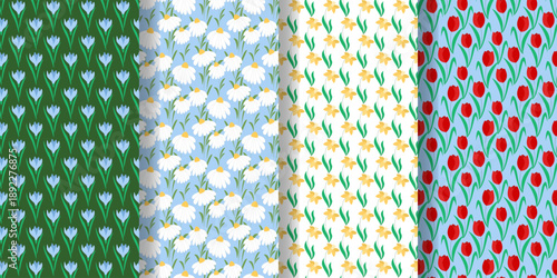 Collection of seamless patterns with spring flowers. Set of bright, colorful floral backgrounds. Prints with snowdrops, tulips, daffodils, crocuses for textiles, packaging, paper, wallpaper, design