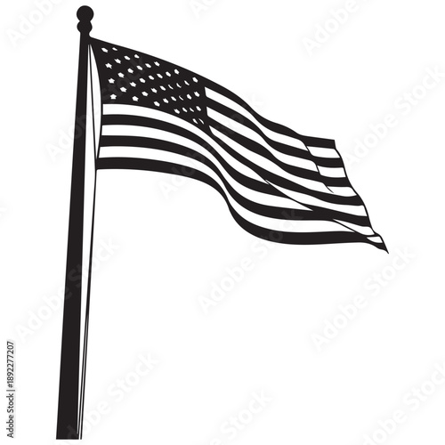American flag waving on flagpole, black and white silhouette