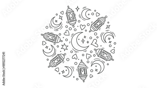 Lunar Serenity: A delicate circle design showcases a crescent moon, radiant stars, intricate lanterns and tender hearts, celebrating the beauty of the night sky in a hand-drawn illustration.