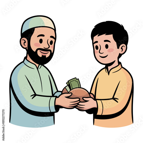 Islamic Charity: A warm scene of an adult figure giving alms to a young individual, illustrating the act of giving.