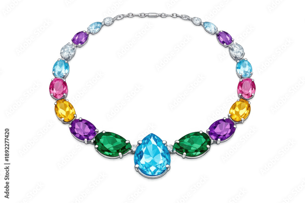Obraz premium Colorful gemstone necklace with pear cut and oval jewels on gradient background