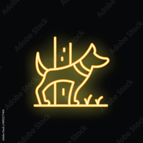 Glowing neon yellow illustration of a dog peeing on a lamp post, perfect for city living themes