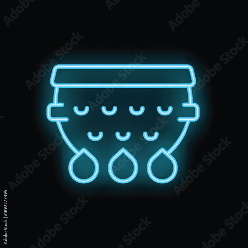 Bright blue neon icon of a colander draining water, isolated on a black background