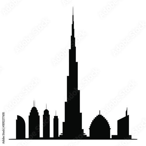 Burj khalifa silhouette dubai city skyline architecture arab emirates modern skyscraper landmark urban travel destination vector illustration isolated on transparent background art