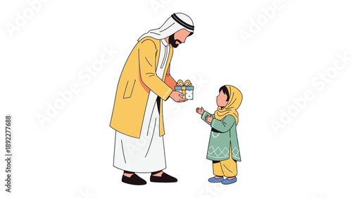 Giving Generosity: Depicts a moment of shared giving and cultural richness. An image of a man offering gifts to a girl, symbolizing values of generosity.