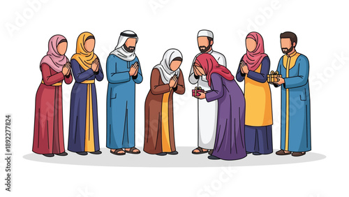 Ramadan Gathering: Muslims adorned in traditional garments engaging in a solemn Ramadan observation. A moment of cultural unity and respect.