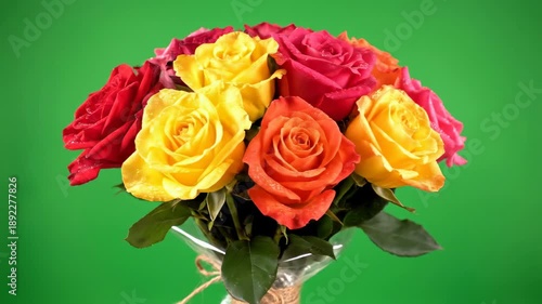 Isolated macro shot of a freshly cut bouquet of brightly colored assorted roses rotating slowly on a solid keyable chroma key green screen background screen, isolated, composite