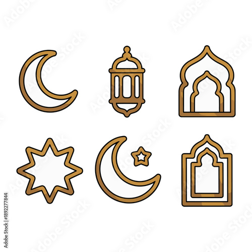 Islamic Art Emblems: A collection of elegantly crafted gold symbols, featuring crescent moons, stars, lanterns, and archways, all representative of Islamic culture and tradition.