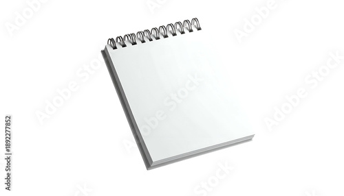 Angled, blank notepad with silver spiral binding, against a black background