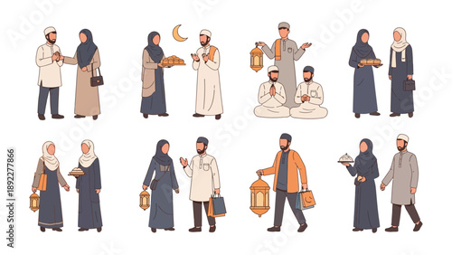 Ramadan Greetings: A cultural celebration filled with joy and unity, featuring traditional clothing and iconic symbols.