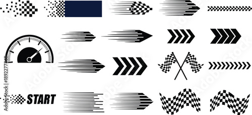 Racing elements set with speed lines and finish flags