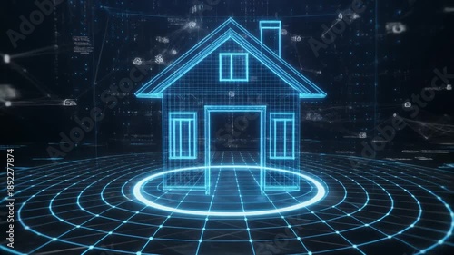 Holographic glowing blue house centered in circular digital grid interface on dark futuristic background.