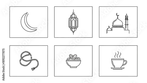 Ramadan Icons: A set of black and white line drawings representing various elements associated with the holy month of Ramadan, evoking a sense of reverence and reflection.