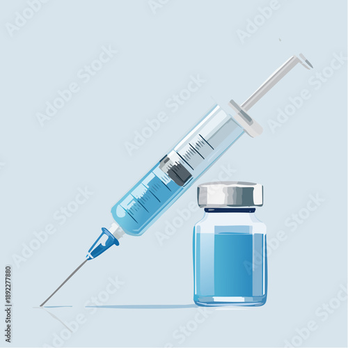 Medical syringe and vial filled with blue liquid, representing healthcare and medicine, isolated on a light blue background