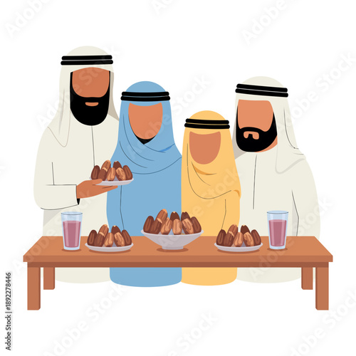 Family Gathering and Dates: A close-knit family shares a meal, their table laden with dates and drinks, embodying togetherness and cultural traditions.