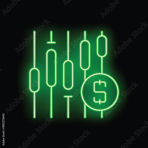Neon green trading chart with dollar symbol representing financial market analysis, investment, and profits