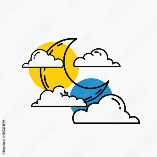Weather icons with sun, moon, and clouds on white background vector