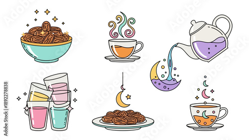 Ramadan Delights: A collection of meticulously crafted, colorful illustrations that capture the essence of Ramadan, featuring dates, tea, and other traditional elements.