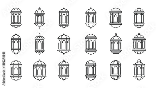 Islamic Lanterns Set: A collection of meticulously crafted, intricate lanterns, each bearing a unique design, evoking an atmosphere of Middle Eastern traditions and cultural celebrations.