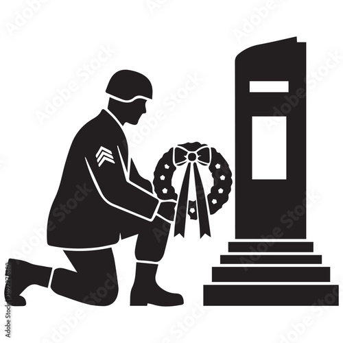 Soldier Silhouette Placing Wreath at Monument