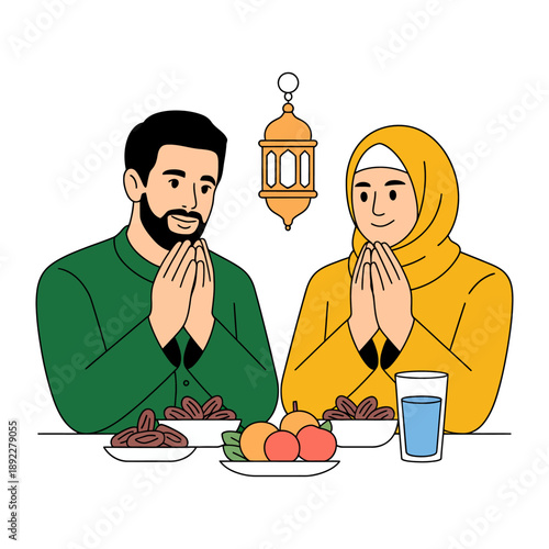 Iftar Gathering: A moment of peace and reflection as a couple pauses for prayer before enjoying a meal during Ramadan, a symbol of togetherness and spiritual devotion.