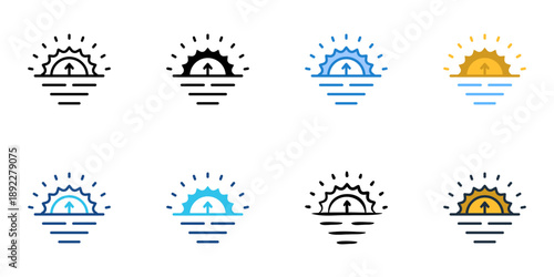 Sunrise icons set multiple style collection. Editable stroke 
