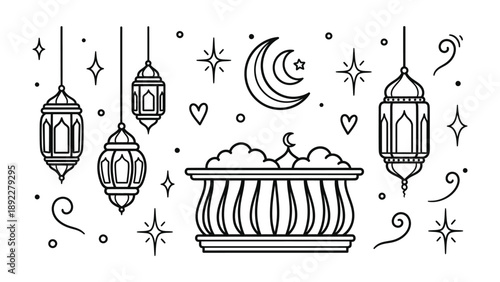 Islamic Lanterns and Moon: Intricate line art depicts the traditional Islamic lanterns and crescent moon. Symbolizing faith, serenity, and the beauty of cultural heritage. 