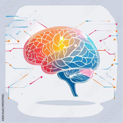 Vibrant digital human brain illustration, showcasing neural network connections and data flow, symbolizing intelligence, innovation, and futuristic technological thought processes