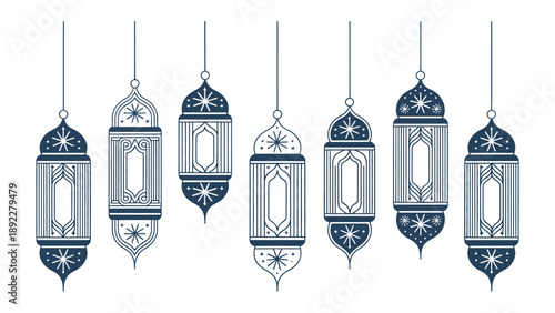Islamic Lanterns Display: Intricate Islamic lanterns, illuminated, are suspended in mid-air, casting an ethereal glow and offering a glimpse into the rich traditions and cultural artistry. 