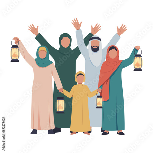 Harmony in Celebration: A harmonious family comes together, embracing the spirit of the occasion, each holding a glowing lantern to light their path with joy. 