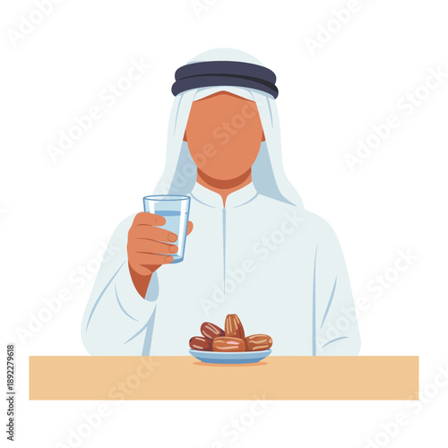 Breaking Fast Ritual: A traditionally dressed figure, representing cultural values, prepares to break his fast with a refreshing glass of water and dates, representing tradition and nourishment.
