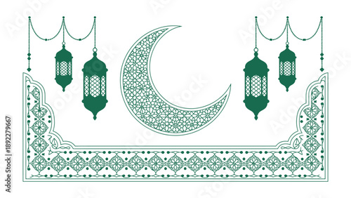 Islamic Geometric Decoration: A captivating display of Islamic geometric design, featuring a crescent moon and ornate lanterns, celebrating the elegance of Islamic culture and tradition.