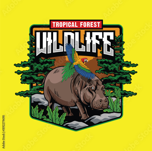 detailed illustration of a tropical forest in a hand-drawn style symbolizing the diversity of flora and fauna