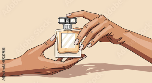 Female hands holding perfume bottle mockup with blank label vector