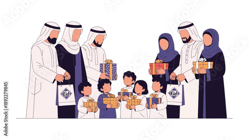 Gift Exchange: A group of individuals, dressed in traditional attire, partake in a harmonious exchange of presents, celebrating cultural traditions with joy and warmth.